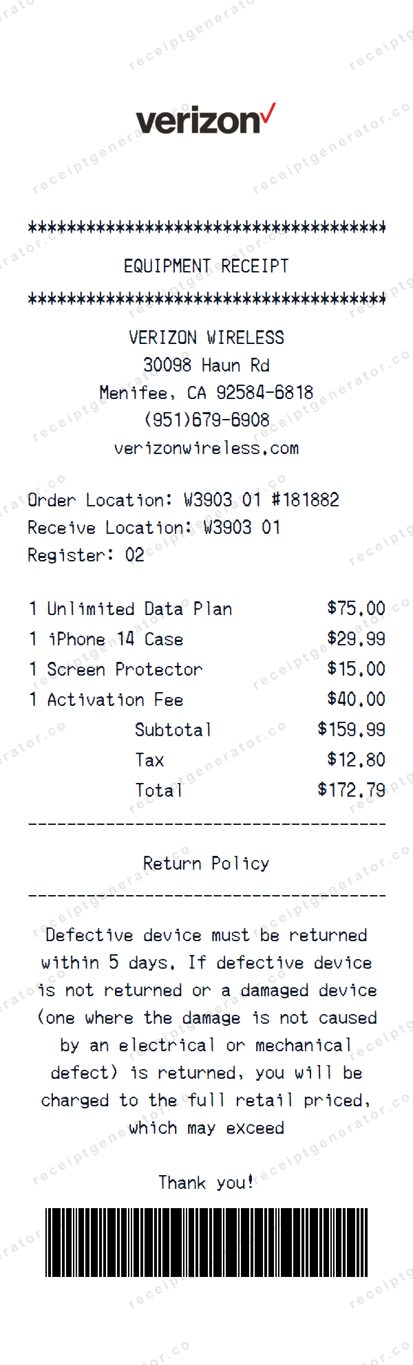 Verizon Receipt Template Verizon receipt template preview — realistic Verizon receipt with items, prices, tax, and payment details