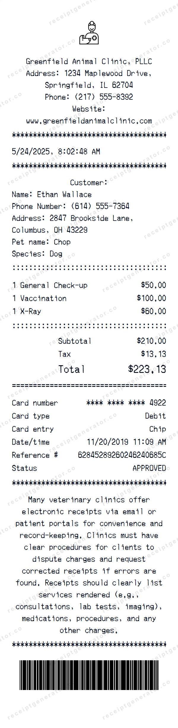 Vet Receipt Template Vet receipt template preview — realistic Vet receipt with items, prices, tax, and payment details
