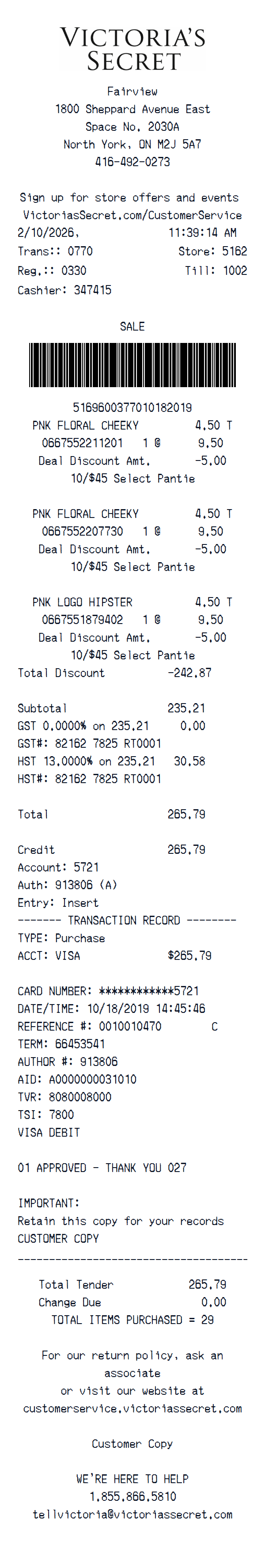 Victoria’s Secret receipt example