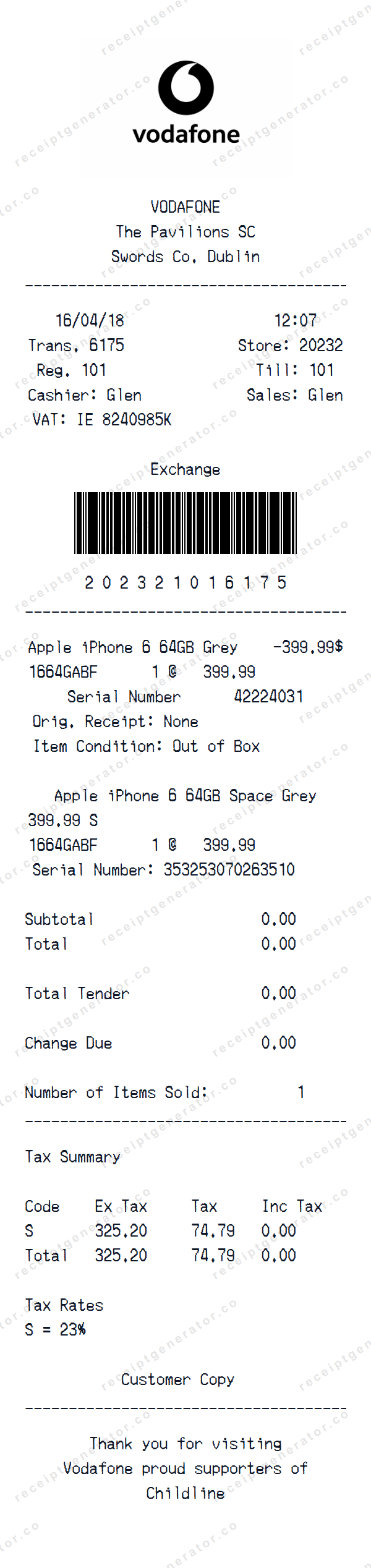 Vodafone Receipt Receipt Template Vodafone Receipt receipt template preview — realistic Vodafone Receipt receipt with items, prices, tax, and payment details