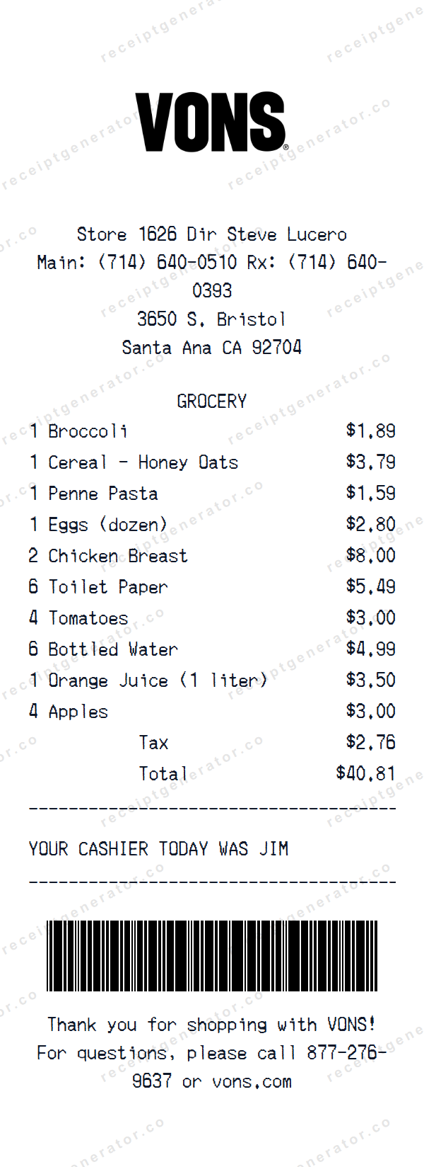 Vons Receipt Template Vons receipt template preview — realistic Vons receipt with items, prices, tax, and payment details