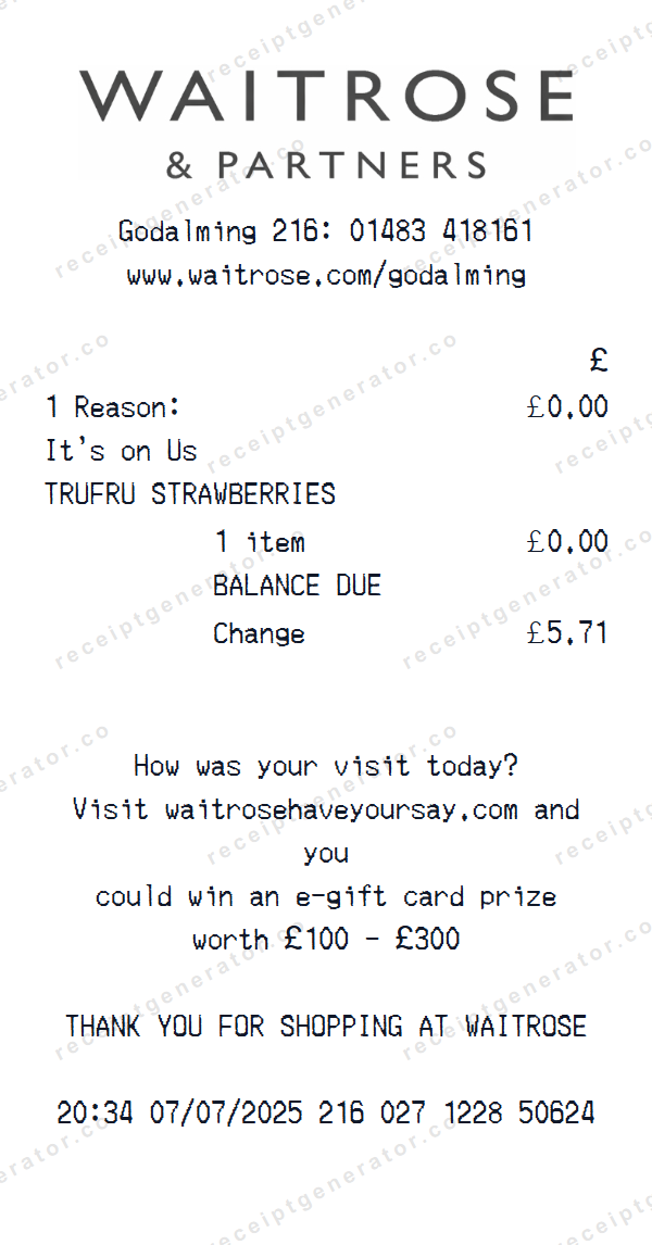 Waitrose & Partners Receipt Template Waitrose & Partners receipt template preview — realistic Waitrose & Partners receipt with items, prices, tax, and payment details