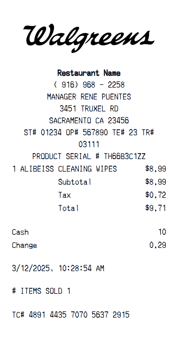 Walgreens receipt example