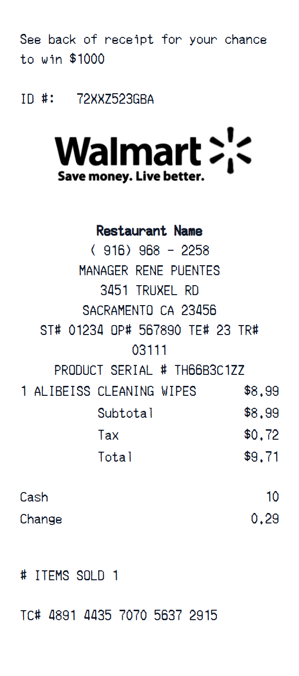 Walmart receipt example