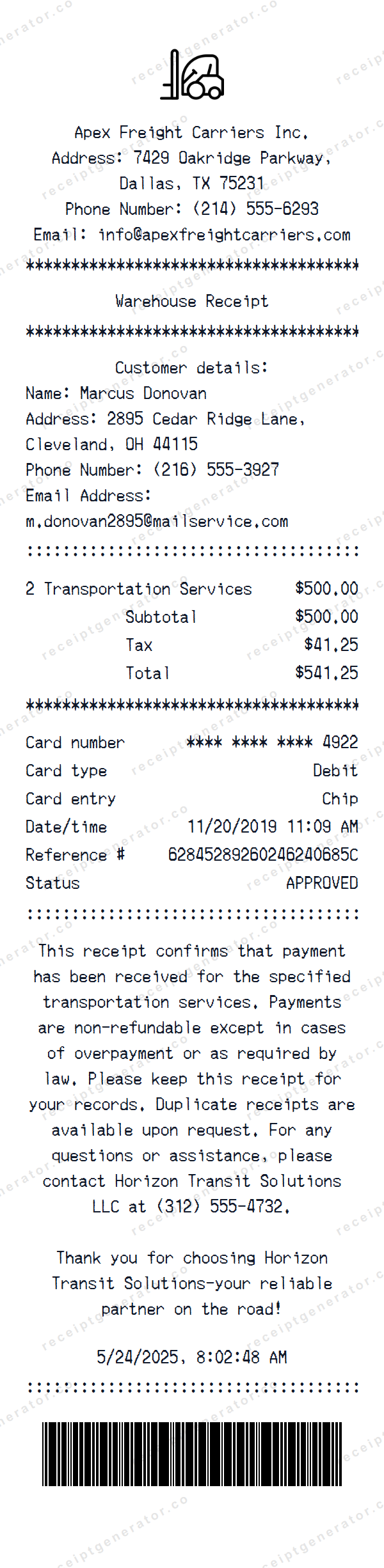 Warehouse Receipt Template Warehouse receipt template preview — realistic Warehouse receipt with items, prices, tax, and payment details