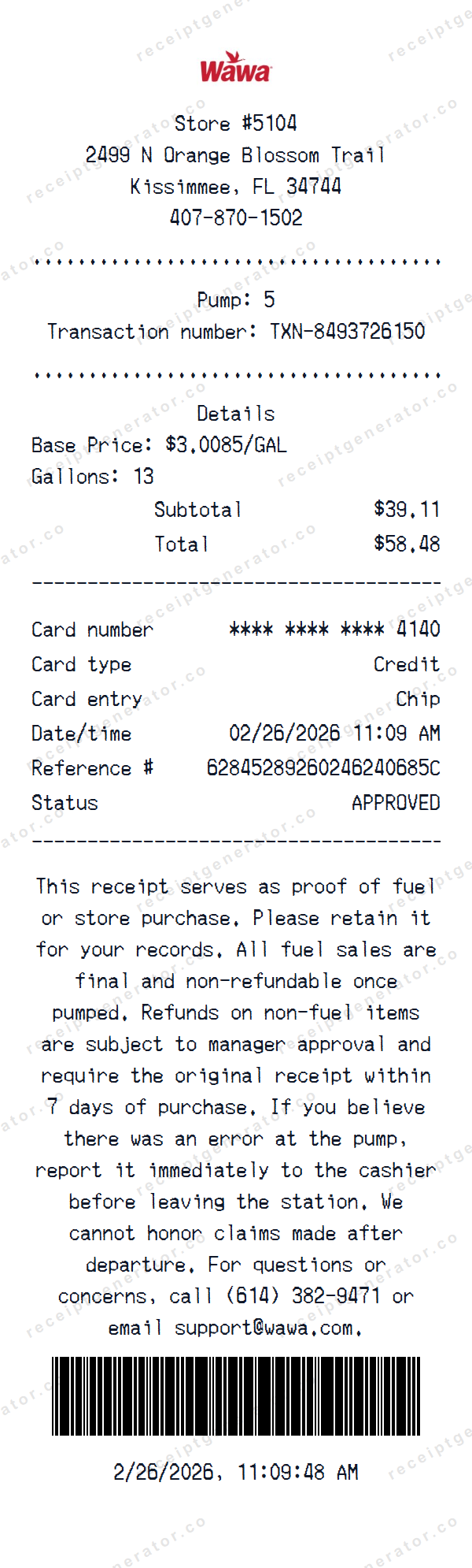 Wawa Receipt Template Wawa receipt template preview — realistic Wawa receipt with items, prices, tax, and payment details