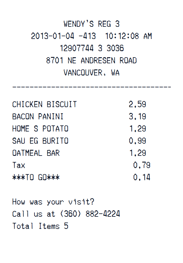 Wendy’s Receipt preview