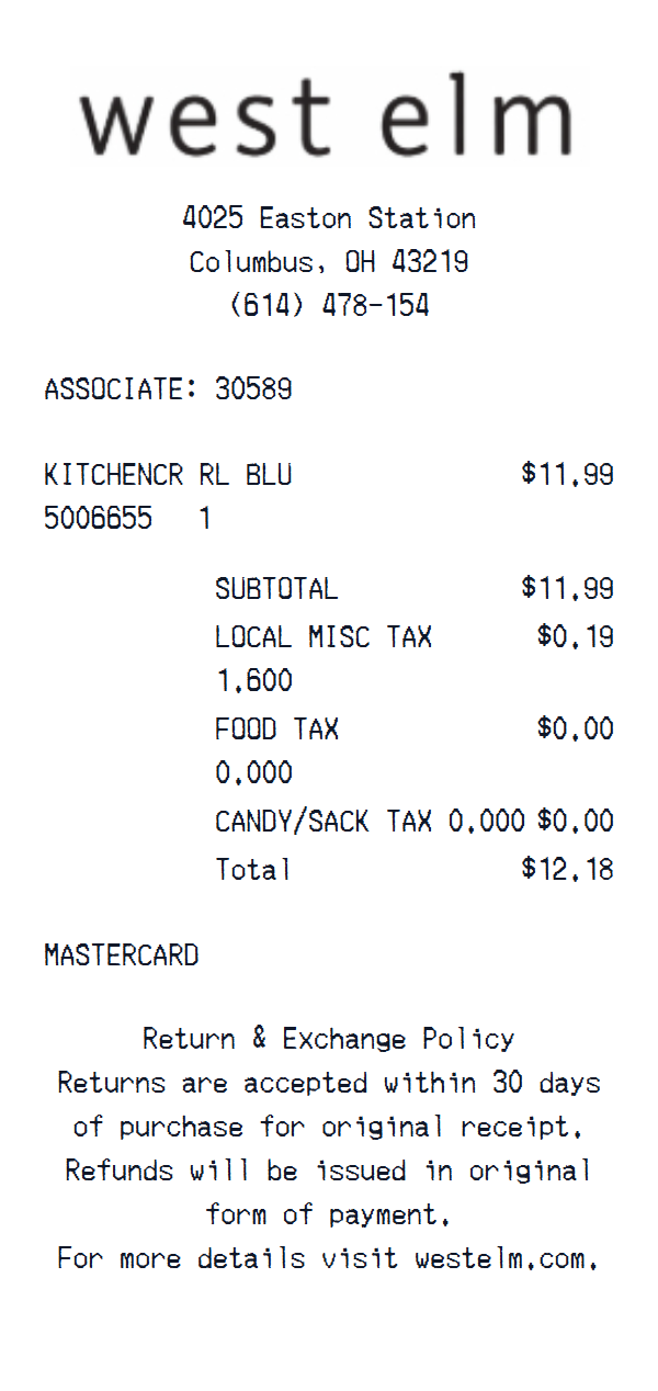 West Elm Store Receipt preview