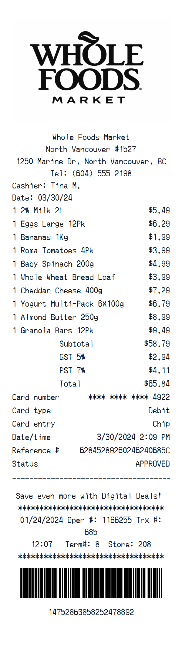 Whole Foods Market - Grocery Store receipt example