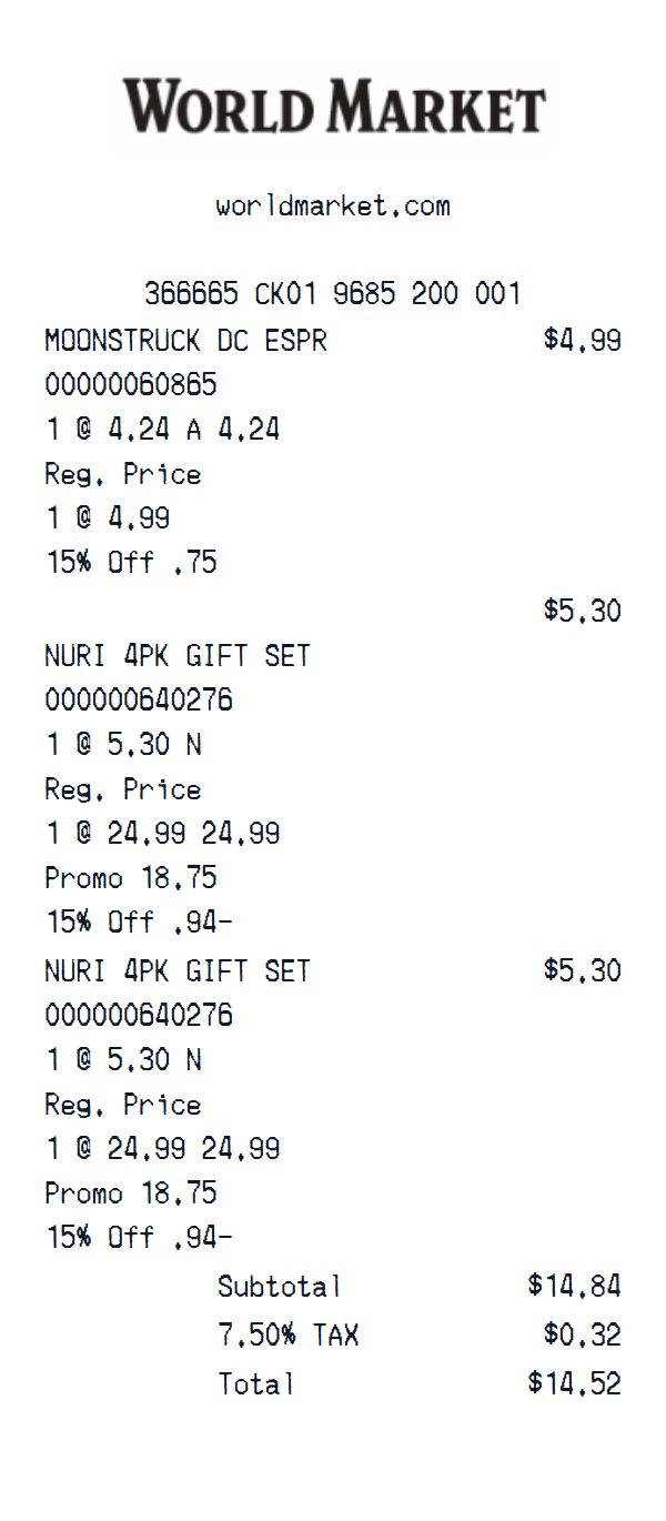 World Market Receipt receipt example