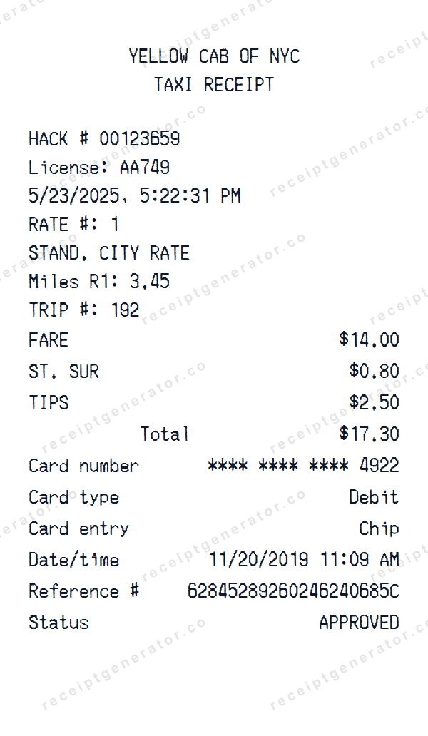Yellow Cab Receipt Template Yellow Cab receipt template preview — realistic Yellow Cab receipt with items, prices, tax, and payment details