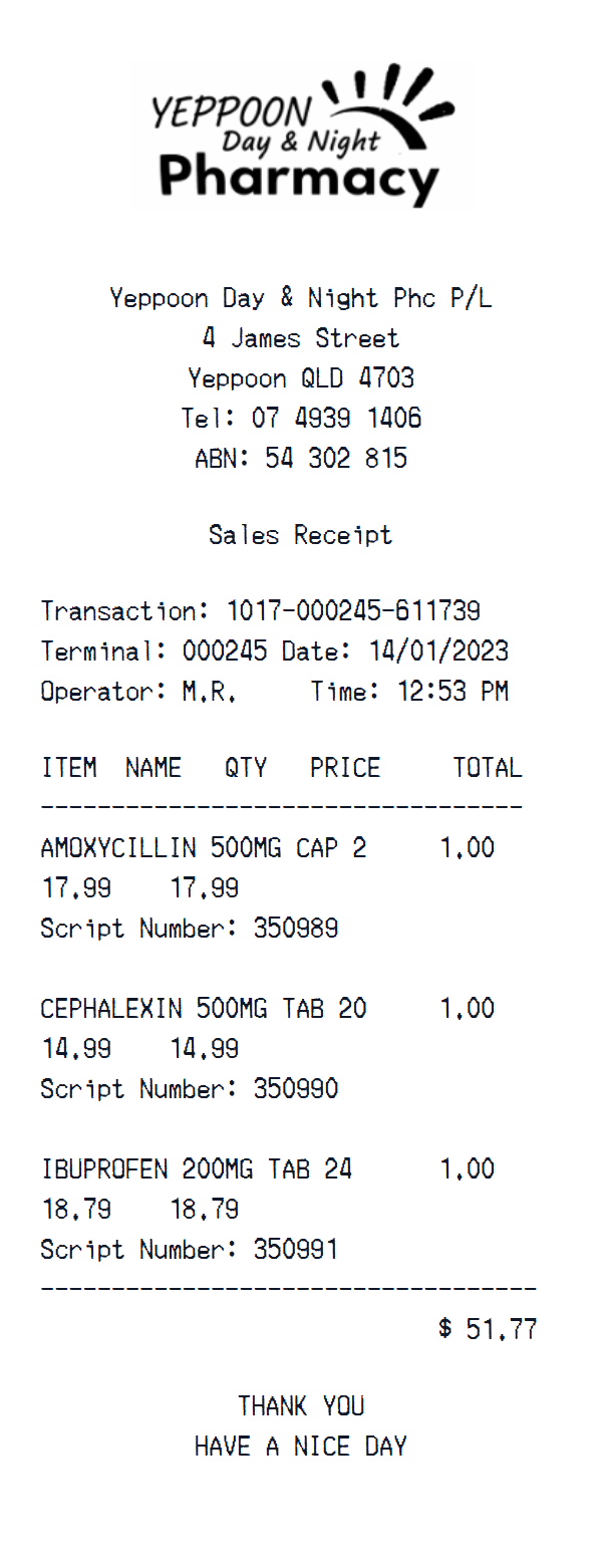 Yeppoon Day & Night Pharmacy receipt example
