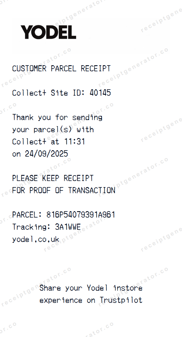 Yodel Parcel Receipt Template Yodel Parcel receipt template preview — realistic Yodel Parcel receipt with items, prices, tax, and payment details