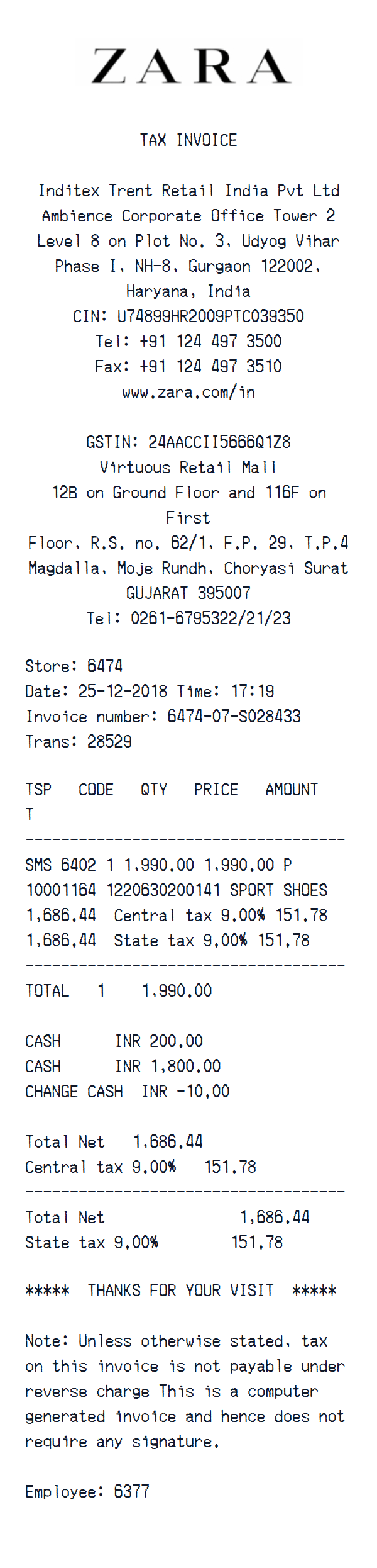 ZARA receipt example