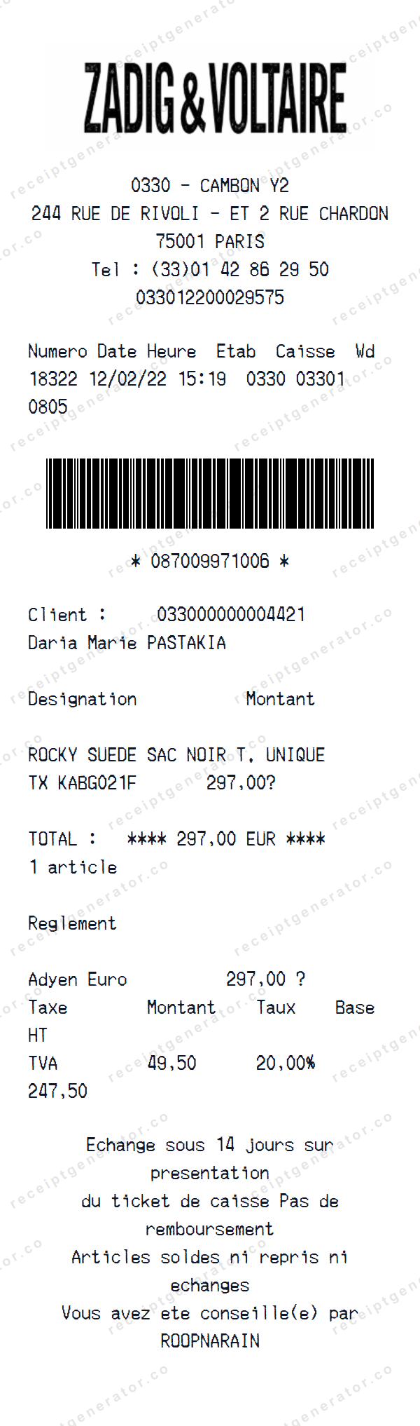 Zadig & Voltaire Receipt Template Zadig & Voltaire receipt template preview — realistic Zadig & Voltaire receipt with items, prices, tax, and payment details