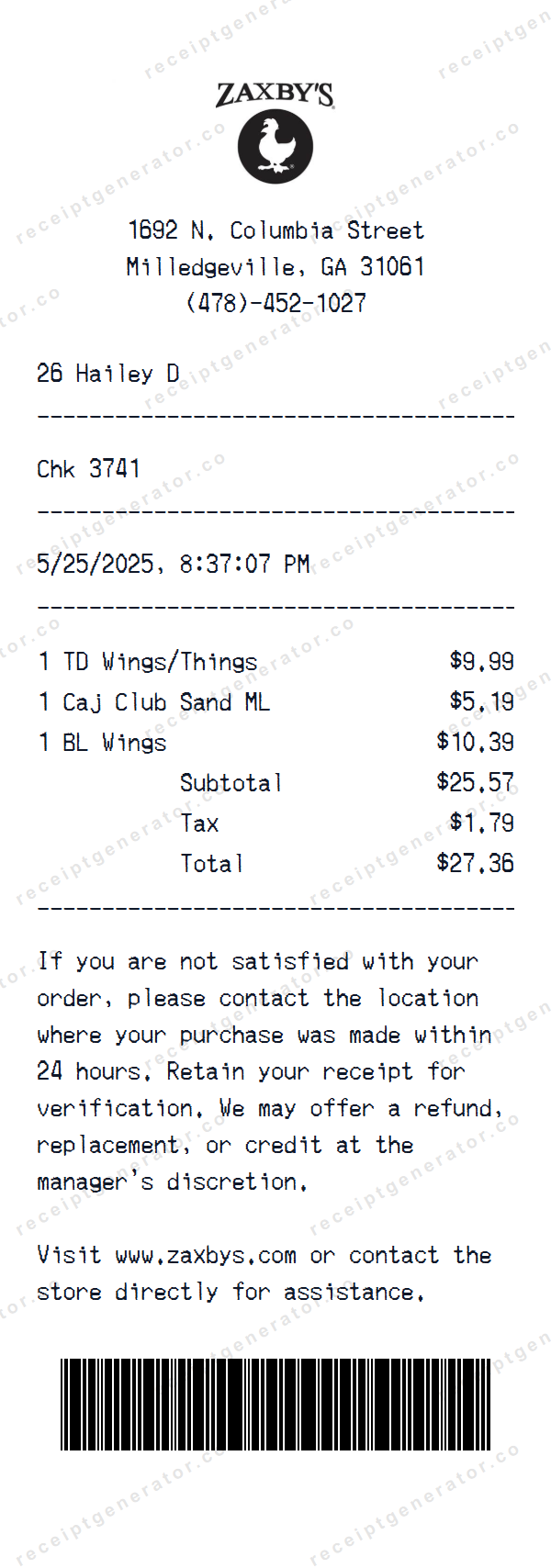 Zaxby's Receipt Template Zaxby's receipt template preview — realistic Zaxby's receipt with items, prices, tax, and payment details