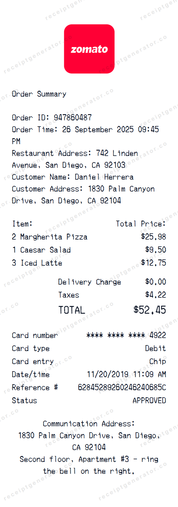 Zomato Receipt Template Zomato receipt template preview — realistic Zomato receipt with items, prices, tax, and payment details