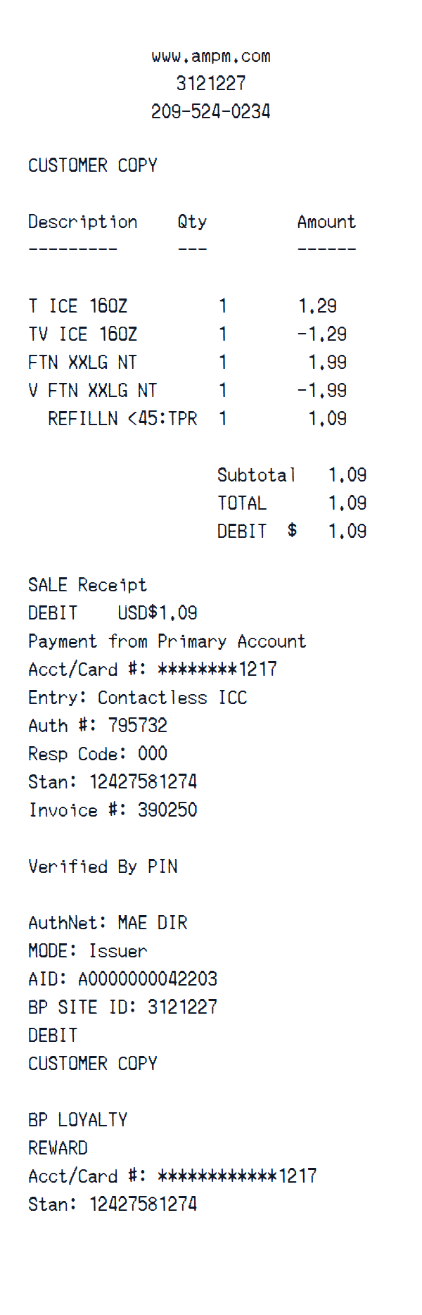 ampm receipt example